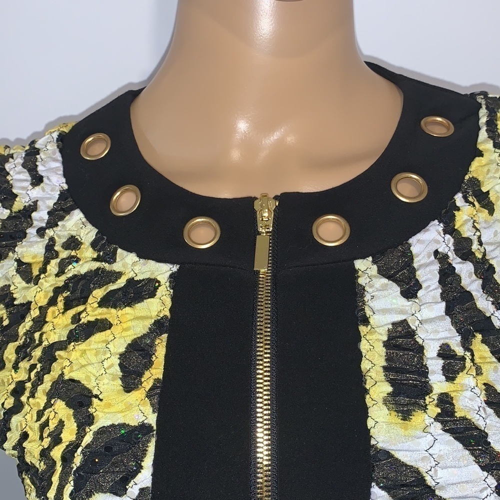 JOSEPH RIBKOFF Yellow tiger Animal Print Zip Up Dressy Sequin Jacket size 8 - Picture 4 of 15